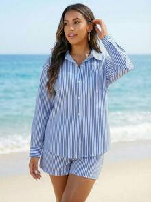 Swim Vcay قميص أزرق مخطط بأكمام طويلة للنساء، طقم قطعتين كاجوال لتغطية الشاطئ - الأزرق - مشاهدة 2