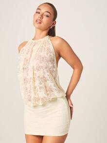 MISSGUIDED 露背吊带蕾丝迷你连衣裙，腰部收褶设计，适合晚宴等场合。 - 杏色 - 查看 1