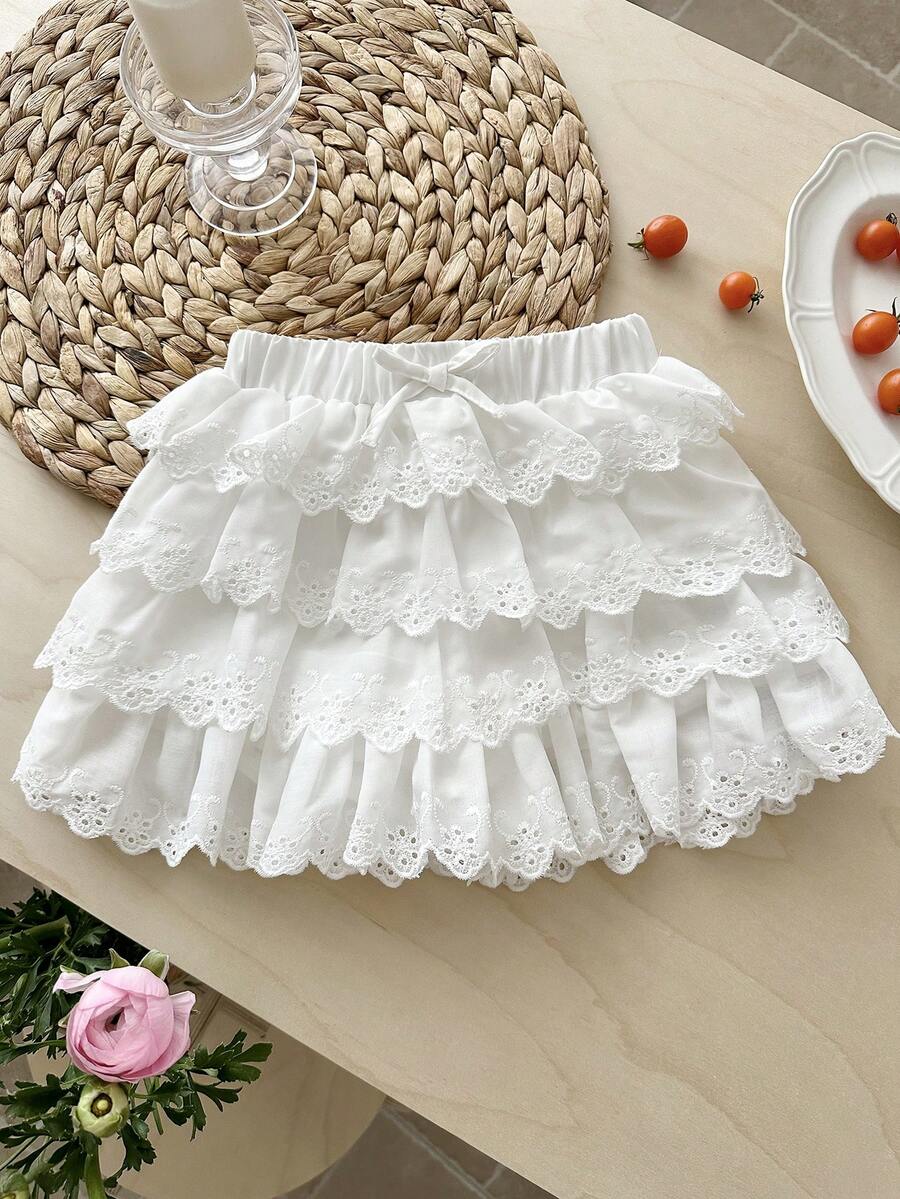 SHEIN LMoss Kids 少女法式优雅棉质刺绣蛋糕裙短裤 - 白色 - 查看 1