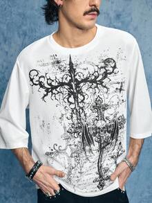ROMWE MEN Street Life 男士休闲宽松圆领七分袖T恤，深色翅膀十字印花 - 黑與白 - 查看 1