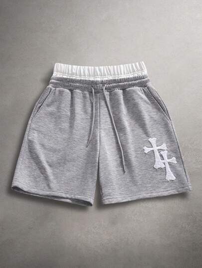 STYNVO Men's Cross Patch Graphic Shorts, Drawstring Waist, Summer Streetwear, Loose Fit, Gray Embroidery, Hip Hop Casual Sportswear