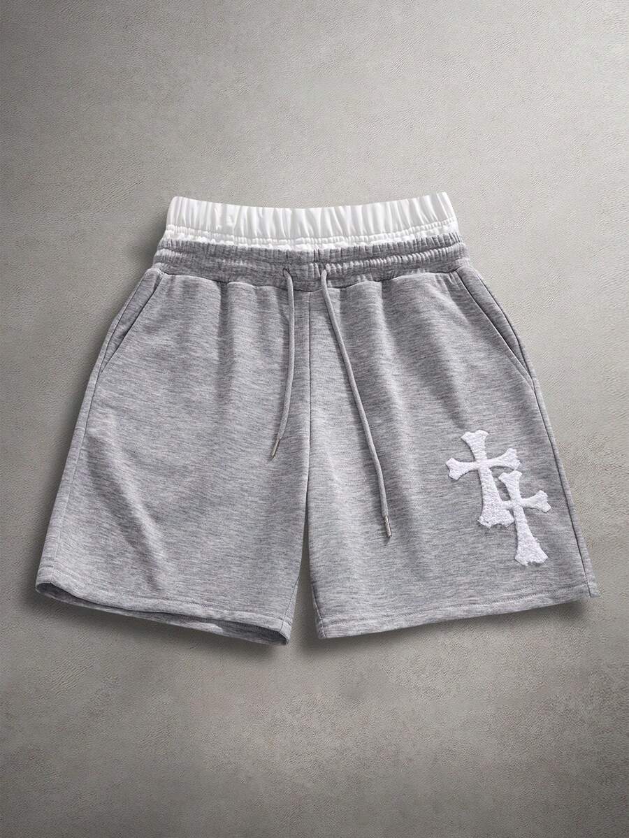 STYNVO 男士夏季休闲撞色腰带十字绣短裤 - 灰色 - 查看 1