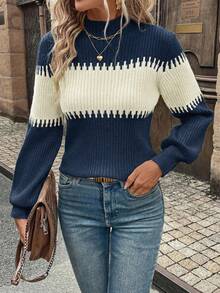 EURMUSE Turtleneck Lantern Sleeve Colorblock Knit Sweater - Multicolor - View 1