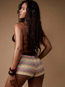 MISSGUIDED 钩针条纹低腰沙滩短裤，彩色编织图案，夏季节日热裤 - 橘色 - 查看 2