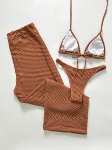 Swim Chiccia Women's Solid Color Knotted Camisole Bikini Set With Pants - Beige - View 3