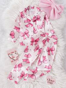 Set de 2 piezas de pijama informal y cómodo con pantalón largo y manga larga con estampado de moño en tela de tafetán para niñas jóvenes - Albaricoque - Ver 1