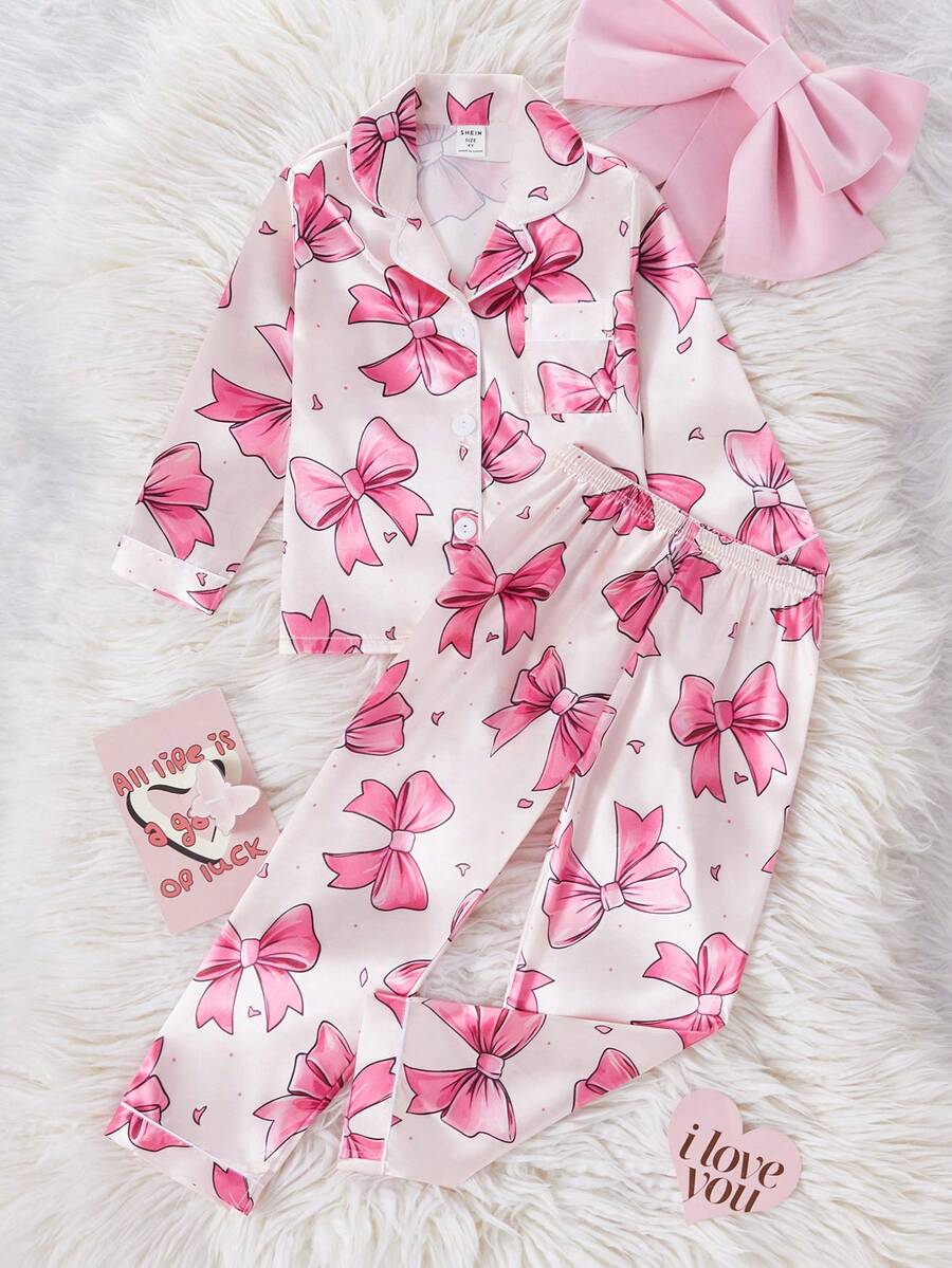 Set de 2 piezas de pijama informal y cómodo con pantalón largo y manga larga con estampado de moño en tela de tafetán para niñas jóvenes - Albaricoque - Ver 1