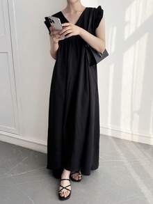 DAZY Women's V-Neck Cap Sleeve Plaid Patchwork Loose Mid-Length Dress - Black - View 7