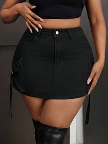 SHEIN SXY Plus Size Solid Color Denim Mini Skirt, Fashionable For Summer - Black - View 6