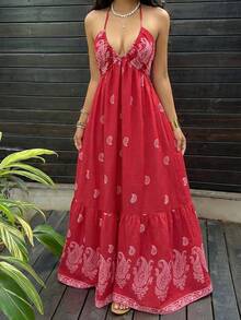 Sunnyshic 女士红色佩斯利腰果花深V领露背系带性感浪漫沙滩度假连衣裙 - 紅色 - 查看 4