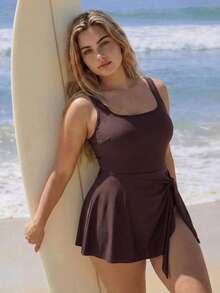 Swim SPRTY Áo tắm liền thân cỡ lớn, màu trơn, buộc dây phía trước, thích hợp cho kỳ nghỉ và đi biển. - Cà phê nâu - Xem 5