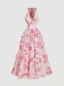 SHEIN MOD Đầm xếp tầng cổ yếm in hoa, màu hồng. - Hồng - Xem 2