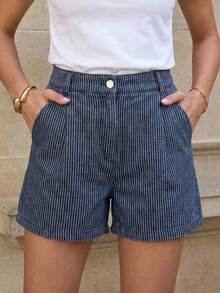 Editum Women's Casual Commuter Striped Shorts, Summer - Blue and White - View 1