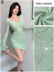 Modelyn Vestido mini ajustado de cintura con encaje y malla, estilo romántico, primavera/verano - verde menta - Ver 4