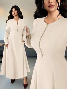 Elenzga Plus Size Elegant Cinched Waist Dress, Minimalist Design, Versatile & Chic, Suitable For Autumn/Winter - Apricot - View 3