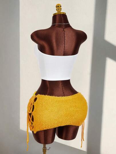 Amplova Women's Knitted Mini Skirt, Super Low Waist, Sexy & Avant-Garde Side Tie-Up, Dopamine Color Scheme Yellow Skirt