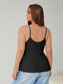 SHEIN EZwear Áo hai dây màu đen xếp nếp viền ren dành cho nữ cỡ lớn - màu đen - Xem 3