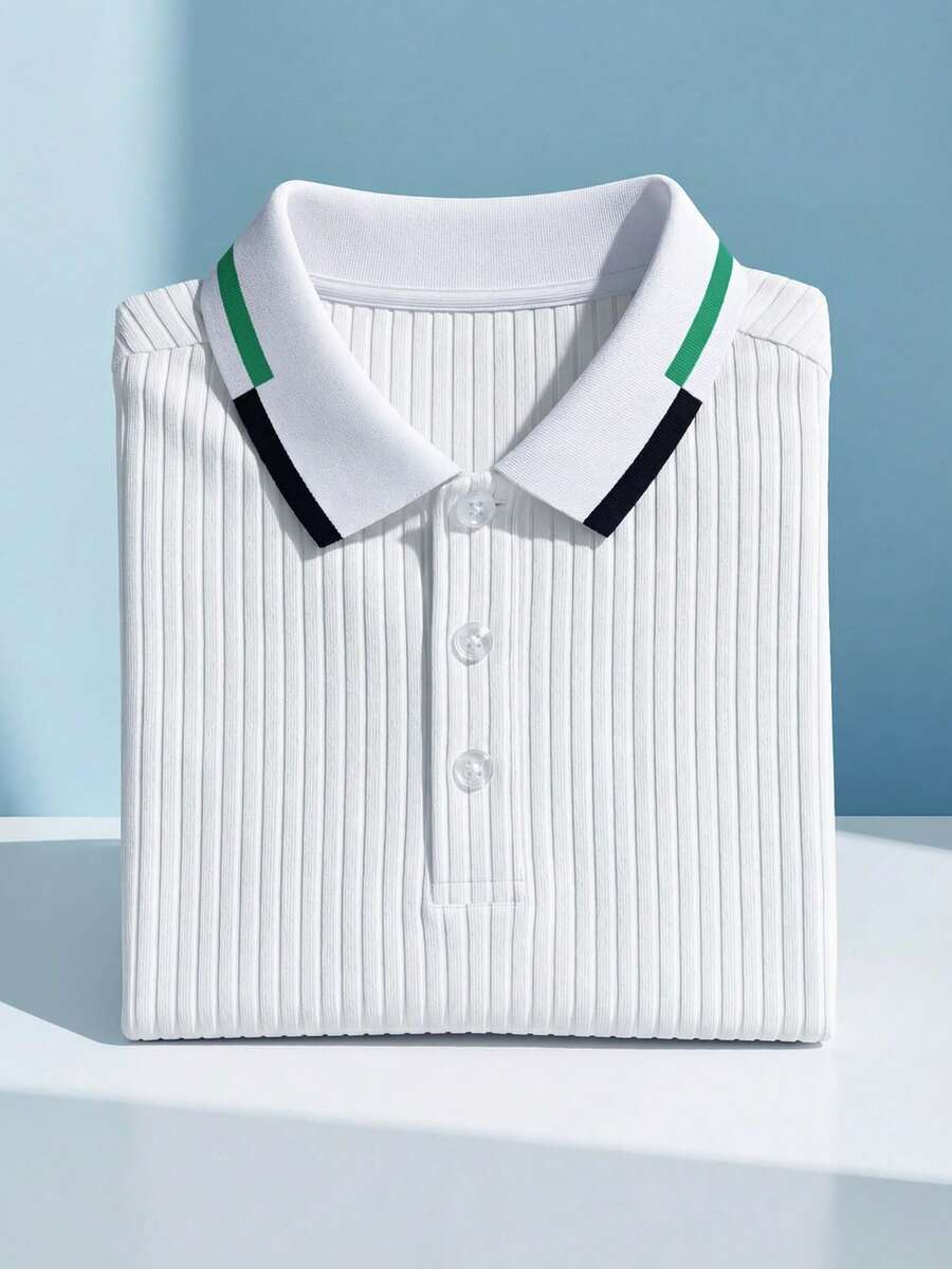 Manfinity Bizformal 男士休闲舒适罗纹针织Polo衫，百搭商务外套 - 白色 - 查看 1