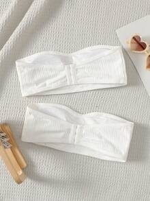 SHEIN 2pcs/Set Tween Girls' Minimalist Comfortable Padded Soft Skin-Friendly Camisole Bra Set, White Tube Top With Bra, White Tube Tops, Tube Top Set, Strapless Bandeau Bra, 2 Pcs Tween Girl Knitted Ribbed Tube Top Camisole Set - White - View 2