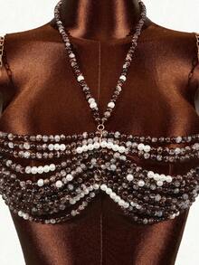 Sirith Conjunto de bikini con parte delantera anudada, espalda descubierta y cristales, estilo de vacaciones en la playa - Marrón - Ver 1