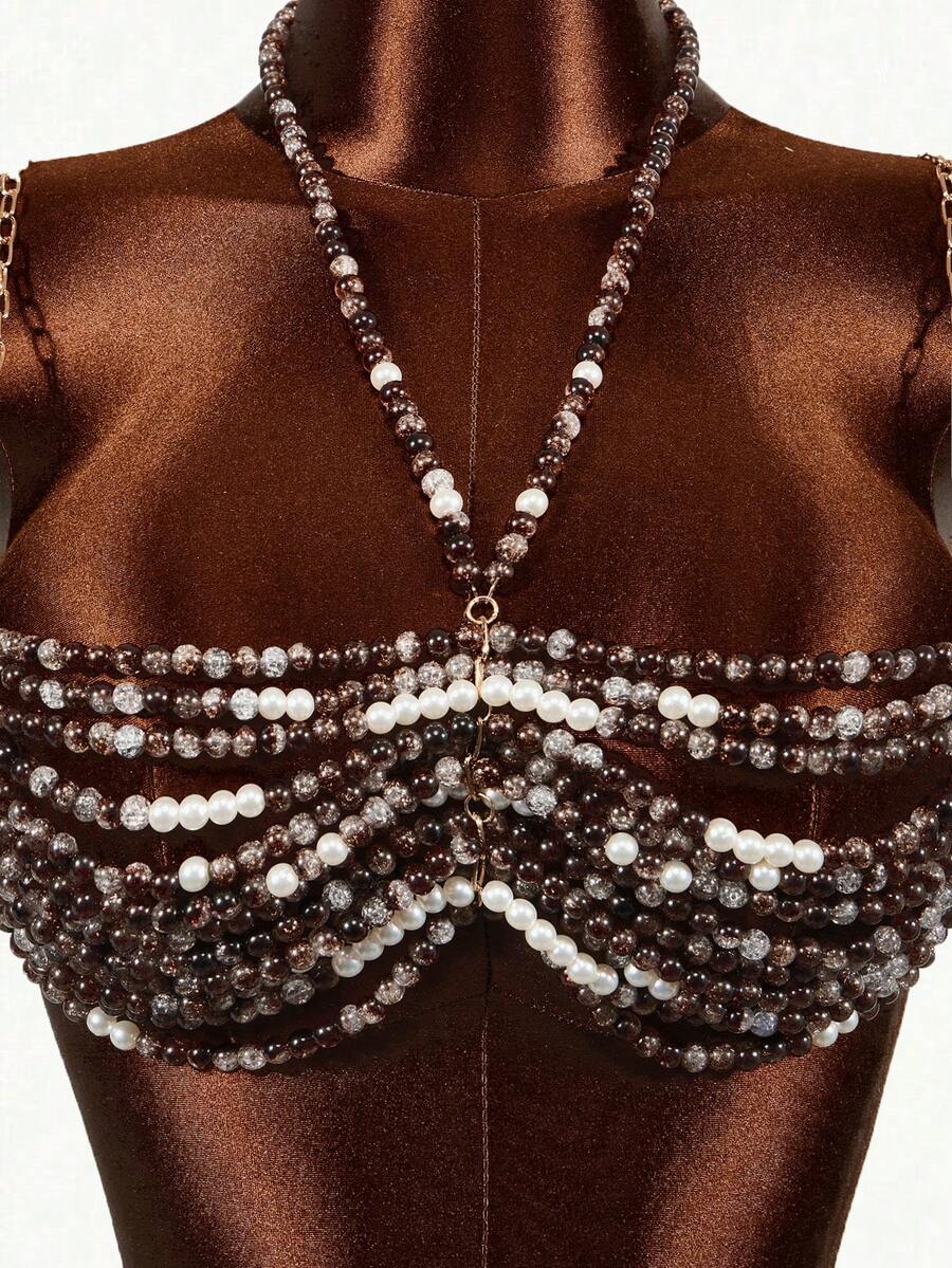 Sirith Conjunto de bikini con parte delantera anudada, espalda descubierta y cristales, estilo de vacaciones en la playa - Marrón - Ver 1