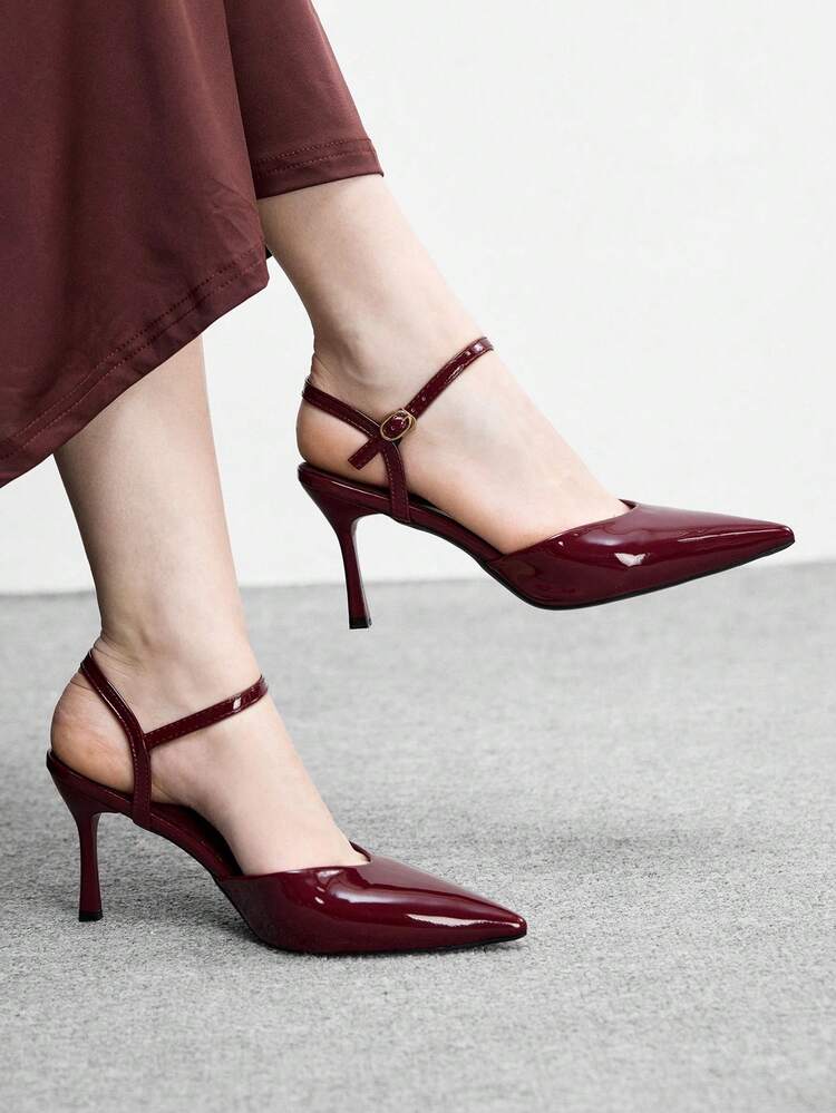 CUCCOO BIZCHIC Women Shoes Women's Pointed-Toed Stiletto Burgundy Ankle Strap Women's High-Heeled Shoes, Slingback Shoes, Daily Versatility, Frequent Commute To Work Women's Shoes