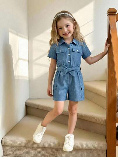 SHEIN Mono utilitario minimalista para niñas preadolescentes con cuello de camisa, múltiples bolsillos, cintura con cinturón, tela con efecto de mezclilla, adecuado para ir al trabajo, viajar, playa