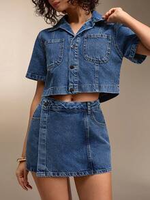 SHEIN 女士牛仔两件套短裙和露脐衬衫款式牛仔套装 - 中等水洗藍 - 查看 7