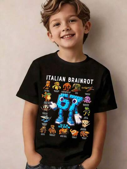 SHEIN Streecool Kids 青少年男童休闲时尚趣味“67”图案印花意大利Brainrot圆领短袖T恤，适合外出穿着；黑色短袖上衣“Six Seven”上衣，适合夏季及所有季节穿着。