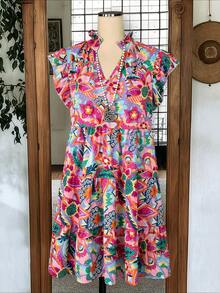 Linhara Colorful Print Ruffle V-Neck Loose Dress - Multicolor - View 1