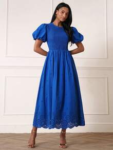 Lilora Women's Elegant Round Neck Gathered Blue Mid-Length Dress - Blue - View 6