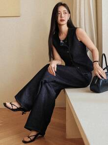 Dazy-Less Bộ đồ denim nữ phong cách xuân/hè, dáng rộng thoải mái, kiểu dáng nghỉ dưỡng, áo vest không tay màu xanh dương và quần ống rộng thẳng, sang trọng kiểu cổ điển. Phong cách công sở thường ngày. - Màu xanh lam - Xem 7