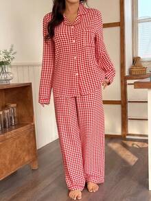 Bubble Textured Plaid Collar Cardigan & Pants Pajama Set - Multicolor - View 7