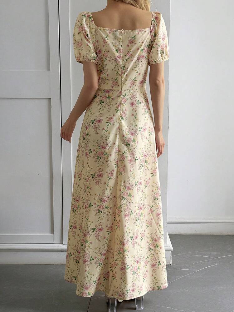 Women's Floral Print Tie Front Petal Sleeve Dress, Elegant Holiday Style Maxi Dress Sundress Boho