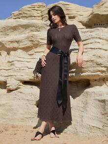 Dazy-Less Women's Western Style Round Neck Short Sleeve Casual Knit Dress - Brown - View 3