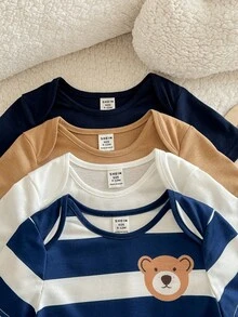 Pelele de bebé recién nacido niño lindo de verano con estampado de rayas y dibujos animados, multicolor - Azul - Ver 5