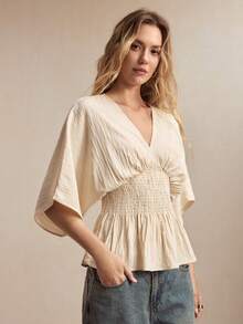 BizChic Áo kiểu nữ mùa xuân/hè mới, màu mơ, kẻ sọc dọc, tay raglan nhún bèo, eo chun, gấu áo xếp ly, tôn dáng. - Nhiều màu - Xem 1