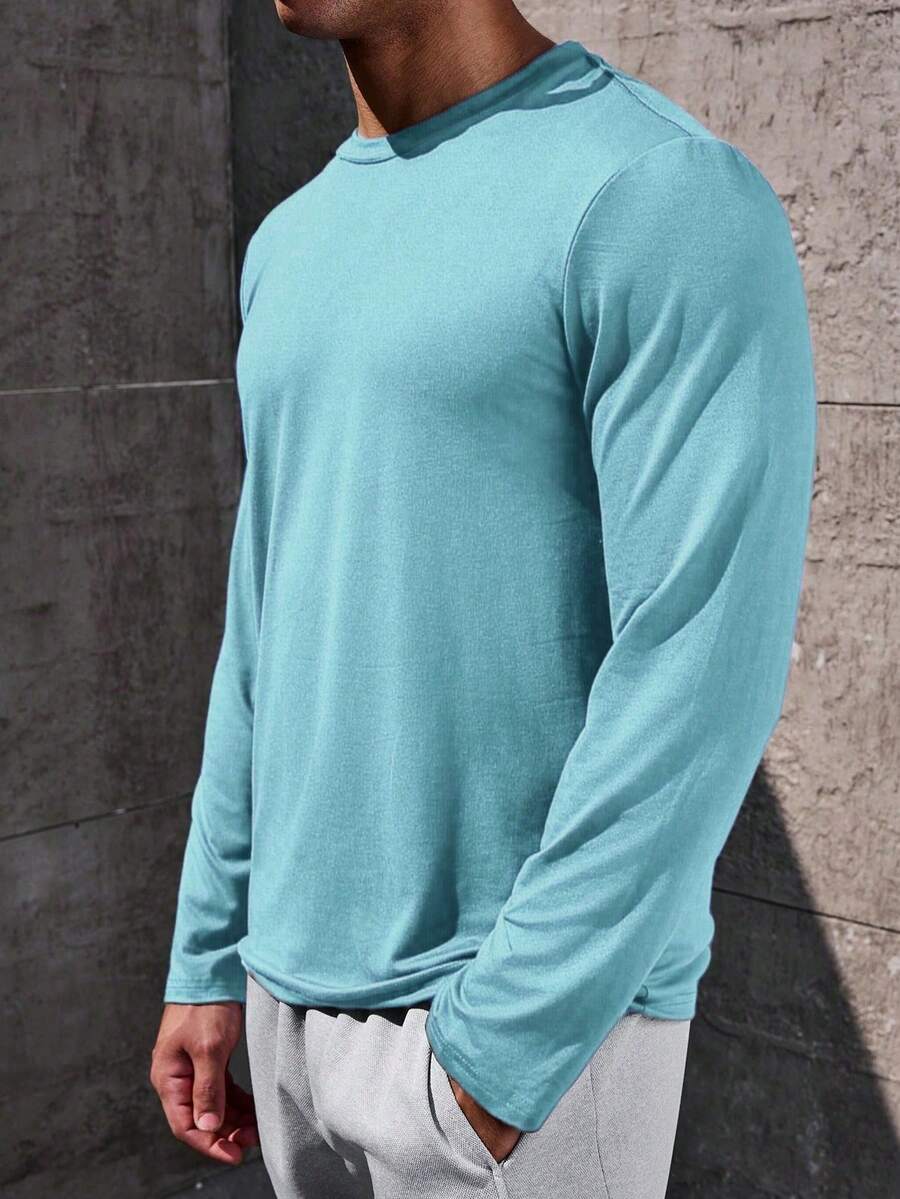 Manfinity Homme Men's Solid Color Round Neck Casual Versatile Long Sleeve T-Shirt, Spring/Summer - Baby Blue - View 1