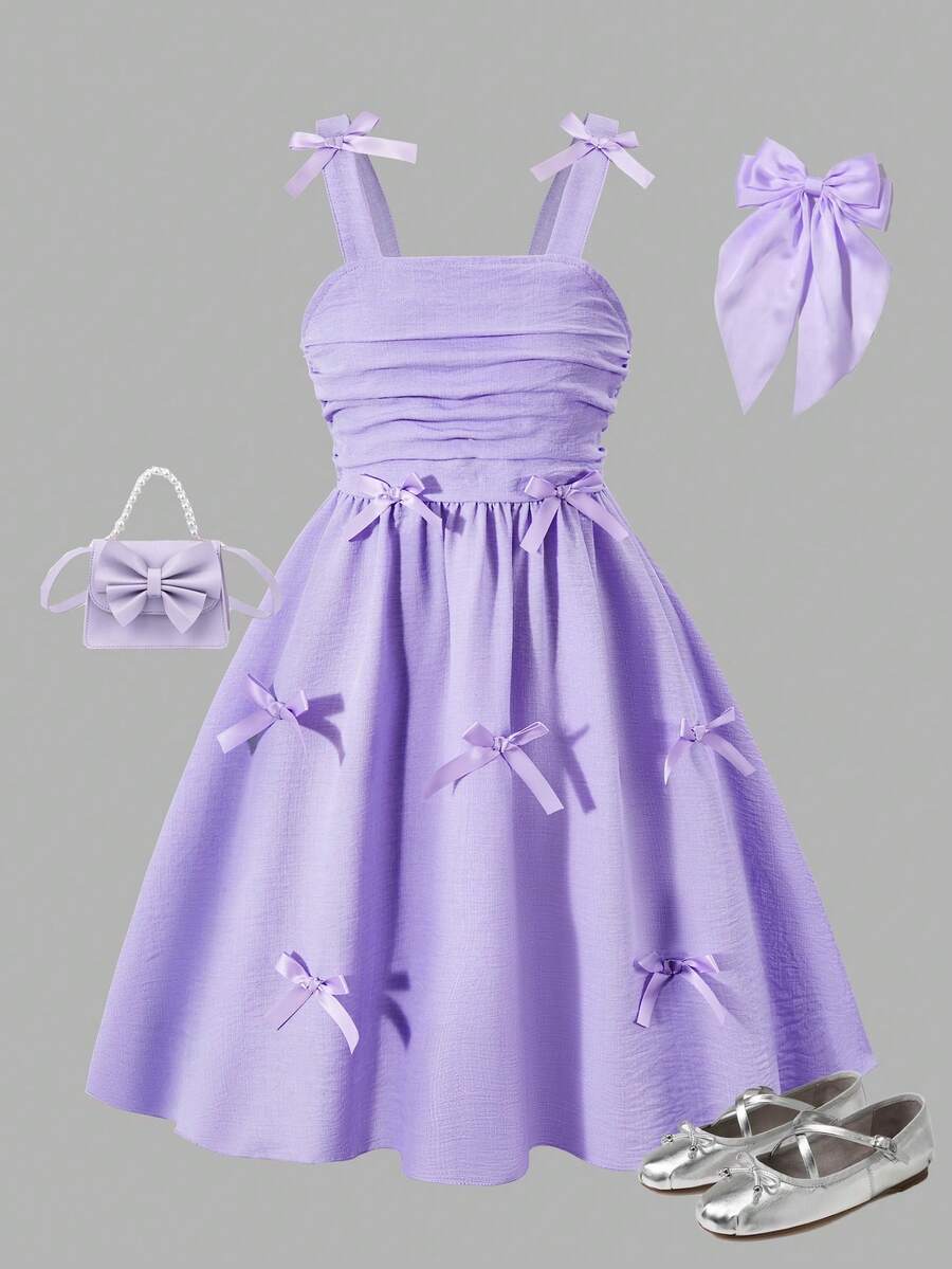 SHEIN 1pc Girls' Elegant Woven Solid Color Pleated Camisole Dress, Bowknot Decor, Suitable For Casual Daily Wear In Spring/Summer - Mauve Purple - View 1