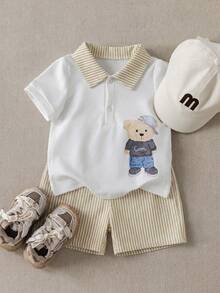 PrepCrw Baby Boys Preppy Bear Pattern Polo Shirt And Striped Shorts Set - Khaki - View 4