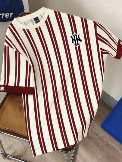 Manfinity Joysei Men's Casual Everyday Commute Letter & Striped Print Loose Fit T-Shirt, Summer