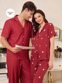 SHEIN Conjunto de pijama de pantalón y camisa de manga corta con estampado de rayas para hombre - Burdeos - Ver 1