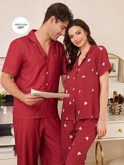 SHEIN Men's Striped Print Lapel Short Sleeve Pants Pajama Set