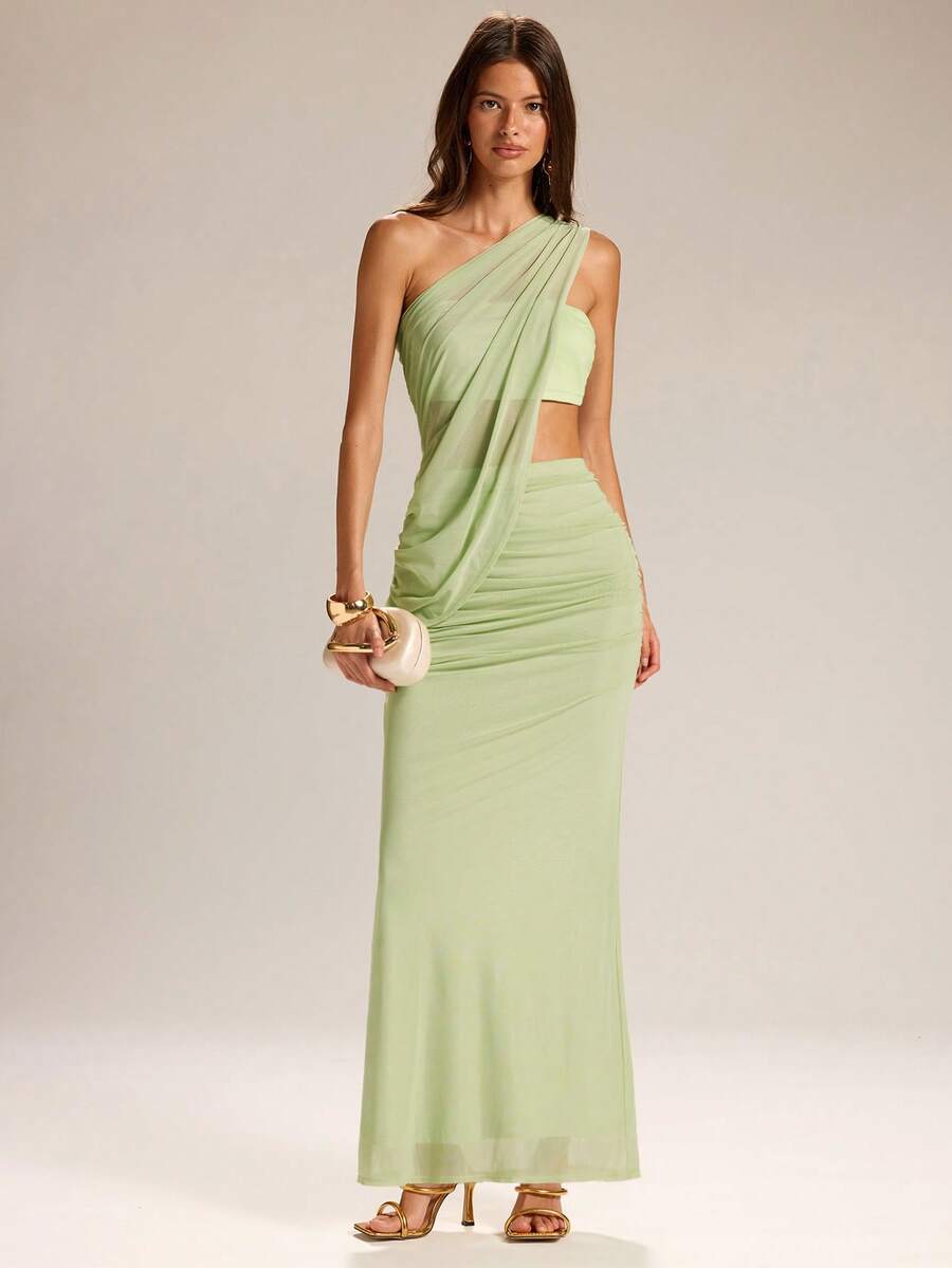 SHEIN BAE 女士纯色褶皱无袖上衣和半裙两件套，适合度假穿着 - 綠色 - 查看 1