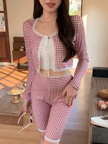 DAZY 两件套女士休闲格子撞色系带上衣和修身裤套装 - 紅色 - 查看 7