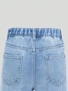 SHEIN 少女牛仔裤，夏季新品，宽松版型，浅色水洗牛仔布，舒适棉质面料，适合休闲、上学、工作和聚会等场合。 - 淺色水洗藍 - 查看 4