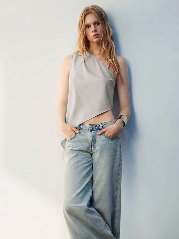 SHEIN Maija Women's Summer Asymmetric Ruched Sleeveless Casual Top, Solid Color Office Wear St Patrick's Day Women Easter Summer Party Top Beach Summer Holiday Each Vacation For Women Summer For Women Going Out Graduation Casual Top For Women