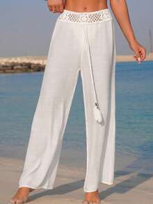 Swim Vcay 女士白色编织拼接竹结流苏镂空休闲沙滩罩裤 - 白色 - 查看 4