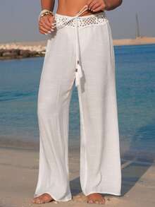 Swim Vcay 女士白色编织拼接竹结流苏镂空休闲沙滩罩裤 - 白色 - 查看 5