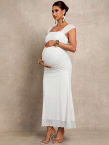 MaterniChic Pregnant Women Solid Color Pleated Elegant Party Dress - White - View 6